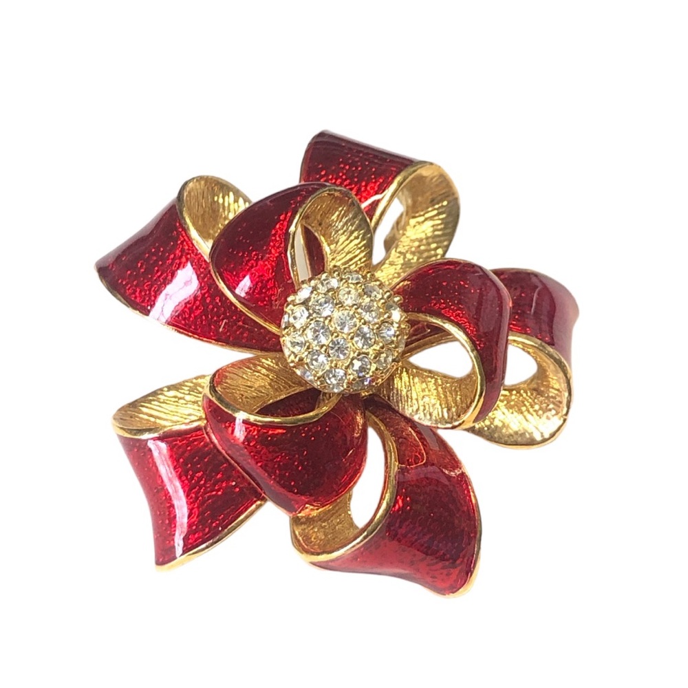 ROMAN Host Pick Vintage Red and Gold Bow Brooch W/ Swarovski Crystals